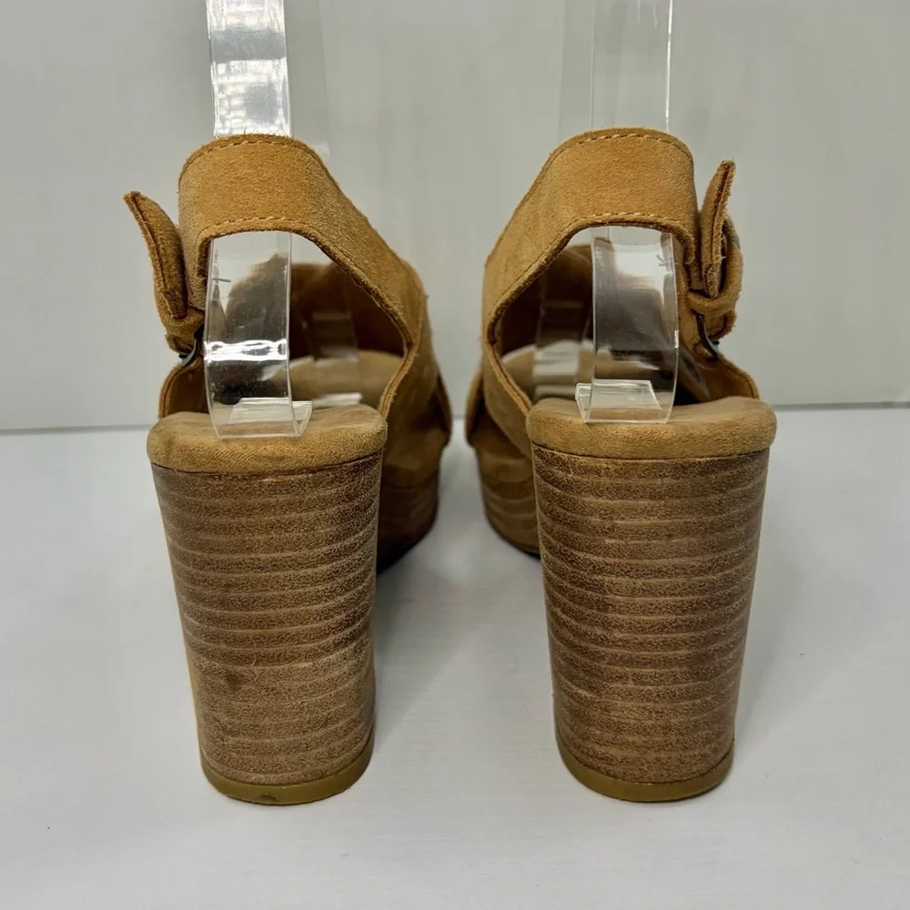 TOMS Ibiza Honey Suede Tan Platform Heel Sandals Size 6 1/2